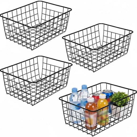 4-Pack Wire Storage Baskets with Handles, Metal Organizer Baskets for Kitchen Pantry Cabinets Closets, Black