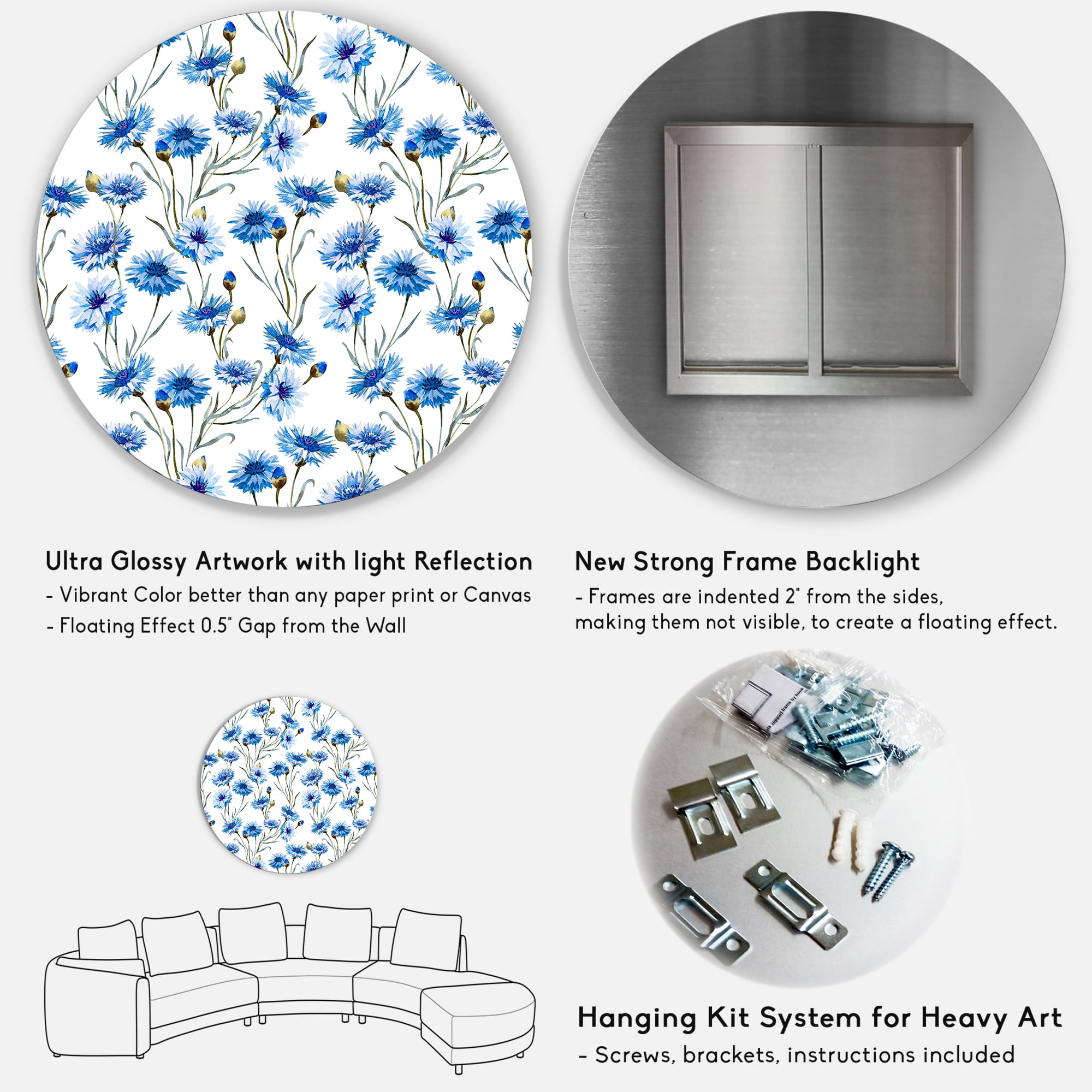 Designart 'Blue Cornflowers With Green Leaves On White II' Traditional Circle Metal Wall Art 11x11 - Disc of 11