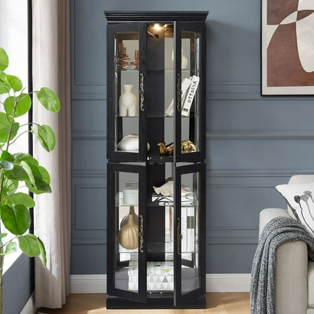 CQSXDA Lighted Glass Curio Display Cabinet with Six-Tier Design for Living Room and Kitchen Storage, Black