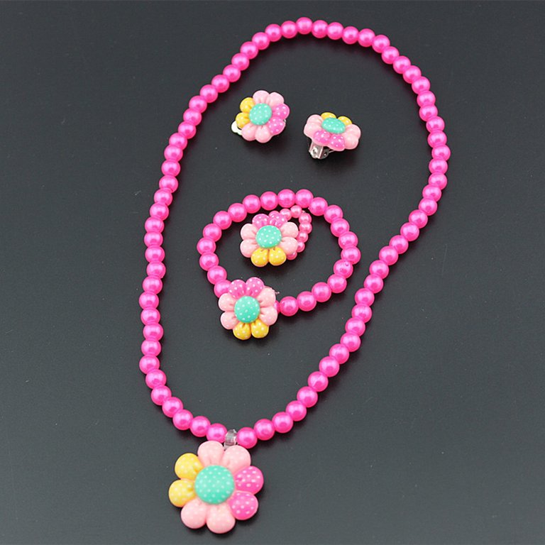 Jewellery Set : Pink artificial flower and pearls jewellery