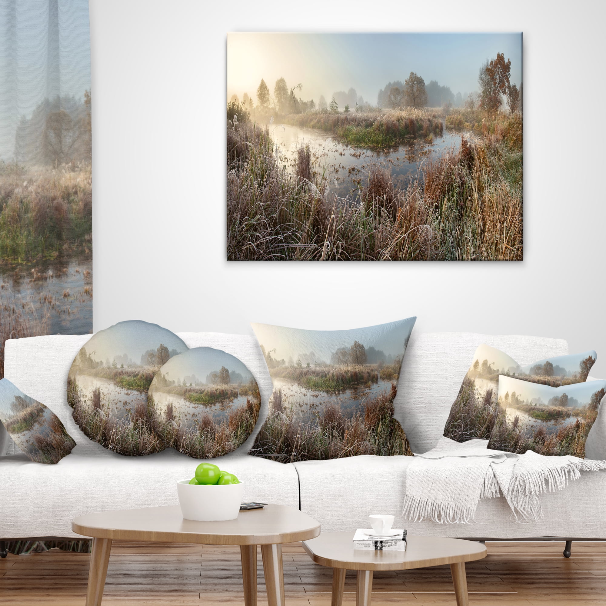 Designart Frosty Grass Aside River Panorama - Landscape Printed Throw Pillow - 16x16