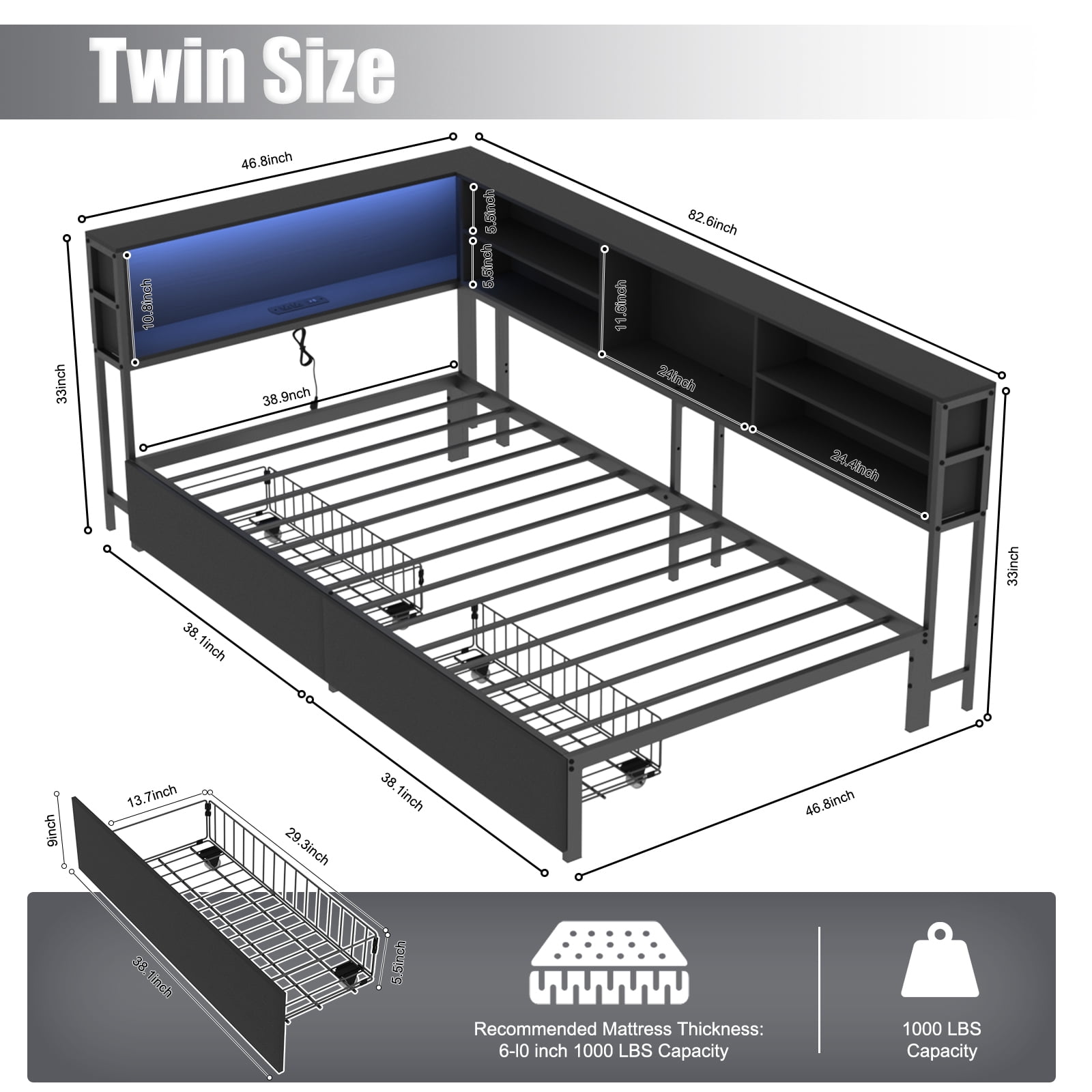 Miniyam Twin Size Bed with Storage, Bookcase, LED Lights and Drawers for Teens, Black