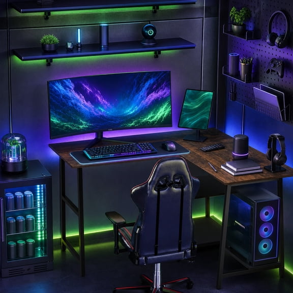 48" L Shape Desk with Charging Station, Corner Computer Desk with Storage Shelves for Home Office & Gaming，Brown