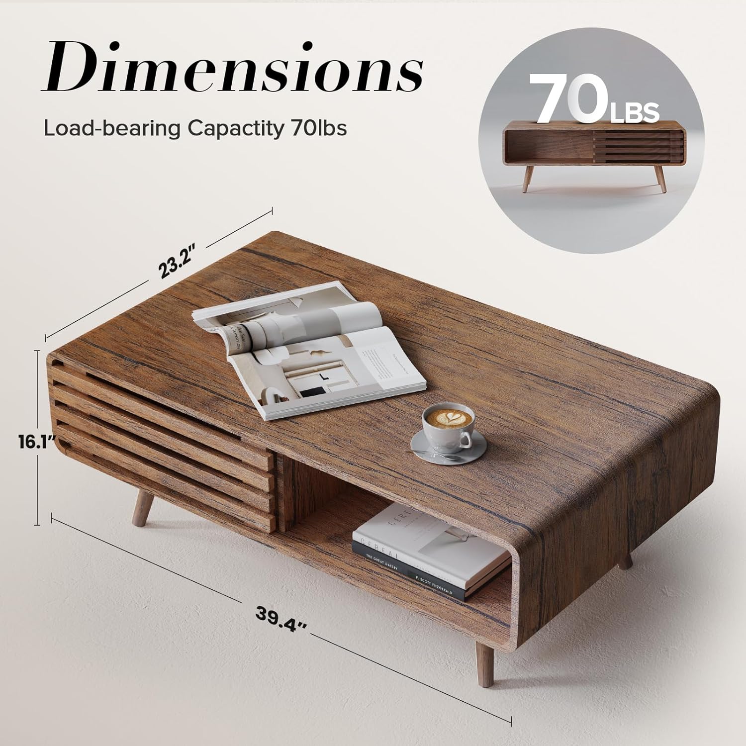 Woodty Farmhouse Wooden Storage Coffee Table, Hidden Compartment & Easy Assembly, Living Room & Home Office, Natural Finish