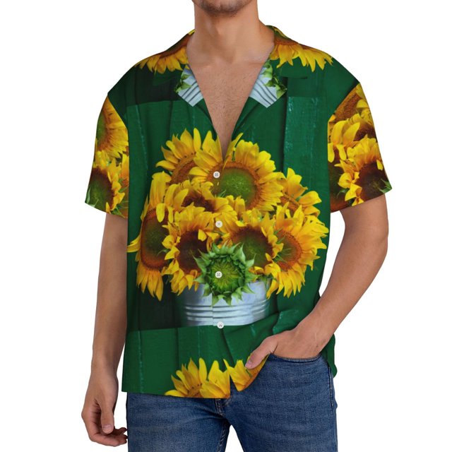 Fotbe Sunflowers in Bucket Camisa Estampada de Manga Corta para Hombre, Casual de Verano, Estilo Playero, Sin Arrugas-Small