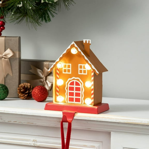 H  Light Gingerbread House Christmas Stocking Holder,Metal Xmas Hanging Stocking Hanger Battery Operated Stocking Holders for Fireplace Mantle Seasonal
