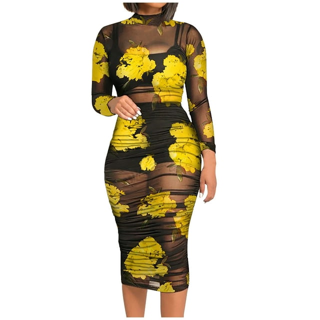 Mikilon Robes d'Été pour Femmes Ensemble Jupe Aguichant Manches Courtes Robe Moulante Imprimée en Maille Plus Petit Gilet Plus Jupe Ensemble Trois Pièces Jaune 2TG