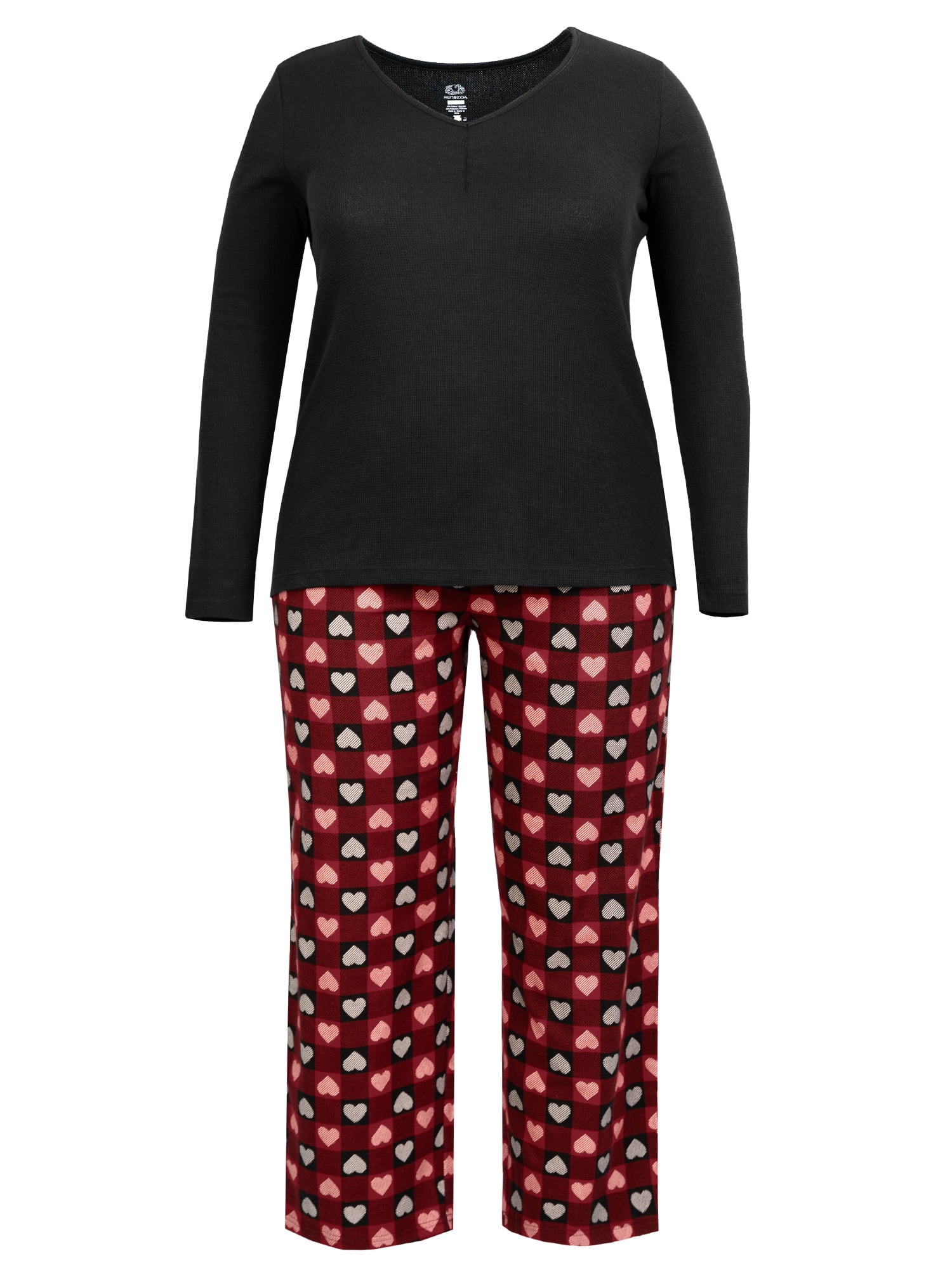 Fruit of the Loom Women's Beyond Soft Long Sleeve Waffle Top and Flannel Bottom Pajama Set, Sizes S-4X