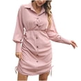 thumbnail image 1 of Women's Button Down Dresses Collared Solid Color Long Sleeve Shirt Dress Drawstring Casual Soft Fall Mini Dress, 1 of 7