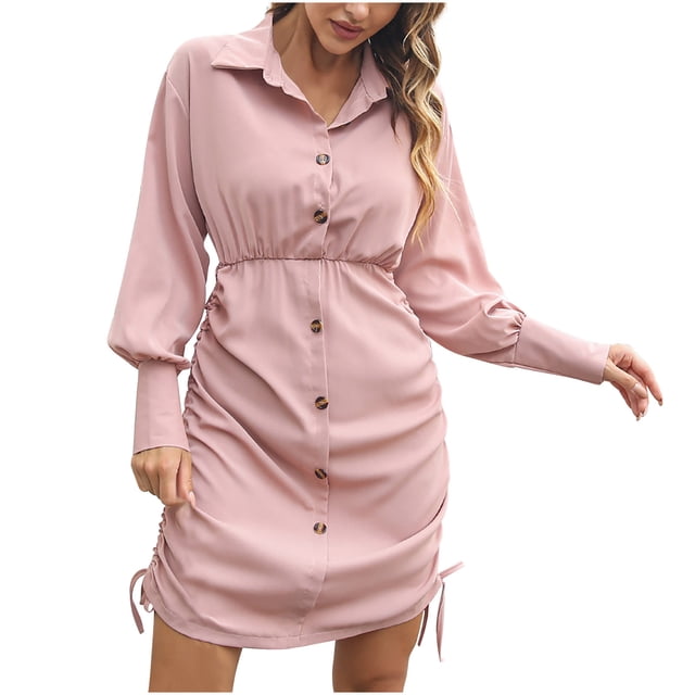 Women's Button Down Dresses Collared Solid Color Long Sleeve Shirt Dress Drawstring Casual Soft Fall Mini Dress