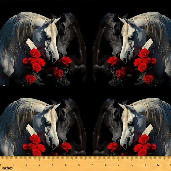 Homewish Farm Animal Horse Fabric by the Yard 1 Yard,Romantic Flower Rose Home Decor Fabric by the Yard,Rustic Farmhouse Cabin Sewing Fabric For Men Women,Microfiber Bedroom Decor