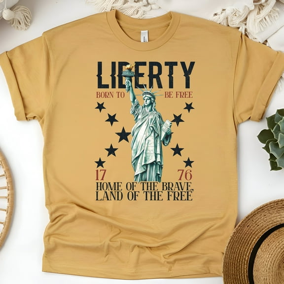 Statue of Liberty Patriotic T-Shirt | Liberty 1776 Freedom Graphic Tee, Gold, Size M