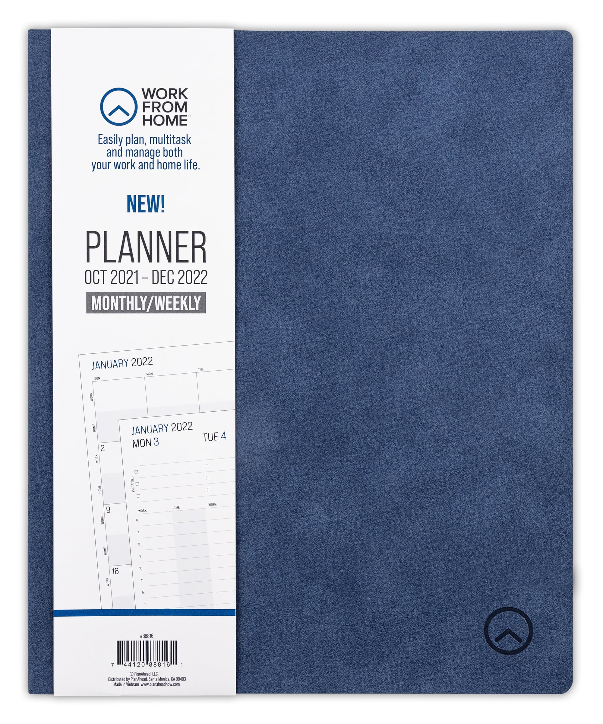Work From Home Weekly and Monthly Planner, October 2021 - December 2022 , 9'x11', Blue Faux-Suede