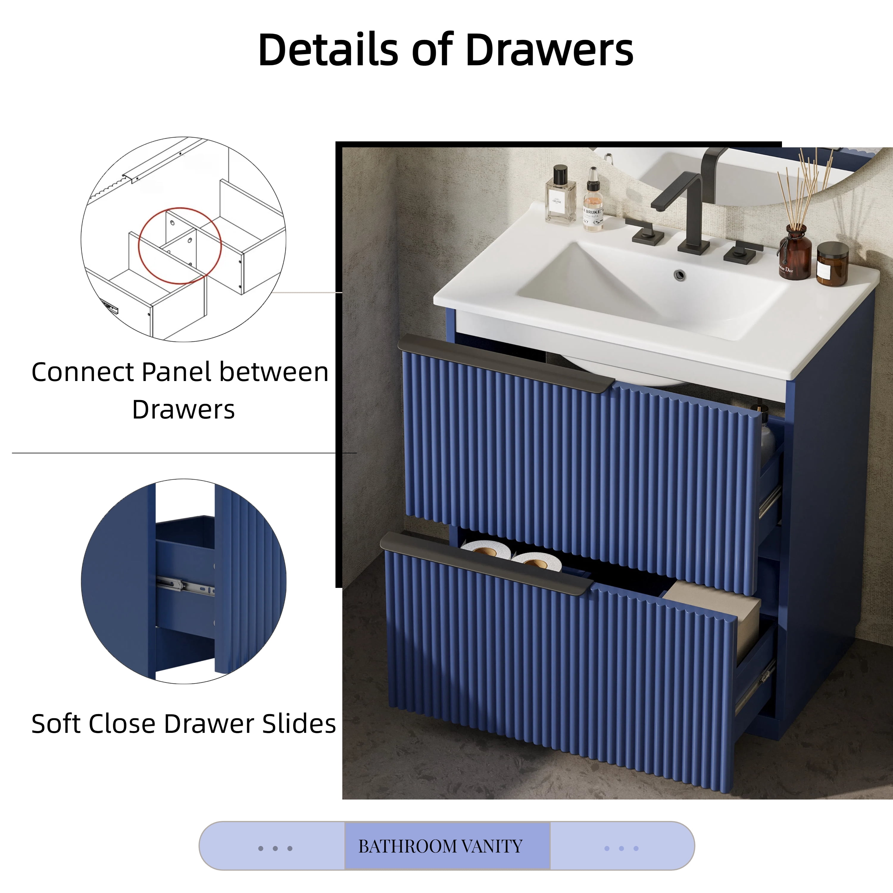 30" Bathroom Vanity with Ceramic Sink and Full-Extension Drawers, Freestanding Bathroom Vanity with Soft Close Drawer Slides, Fluted Design, Blue