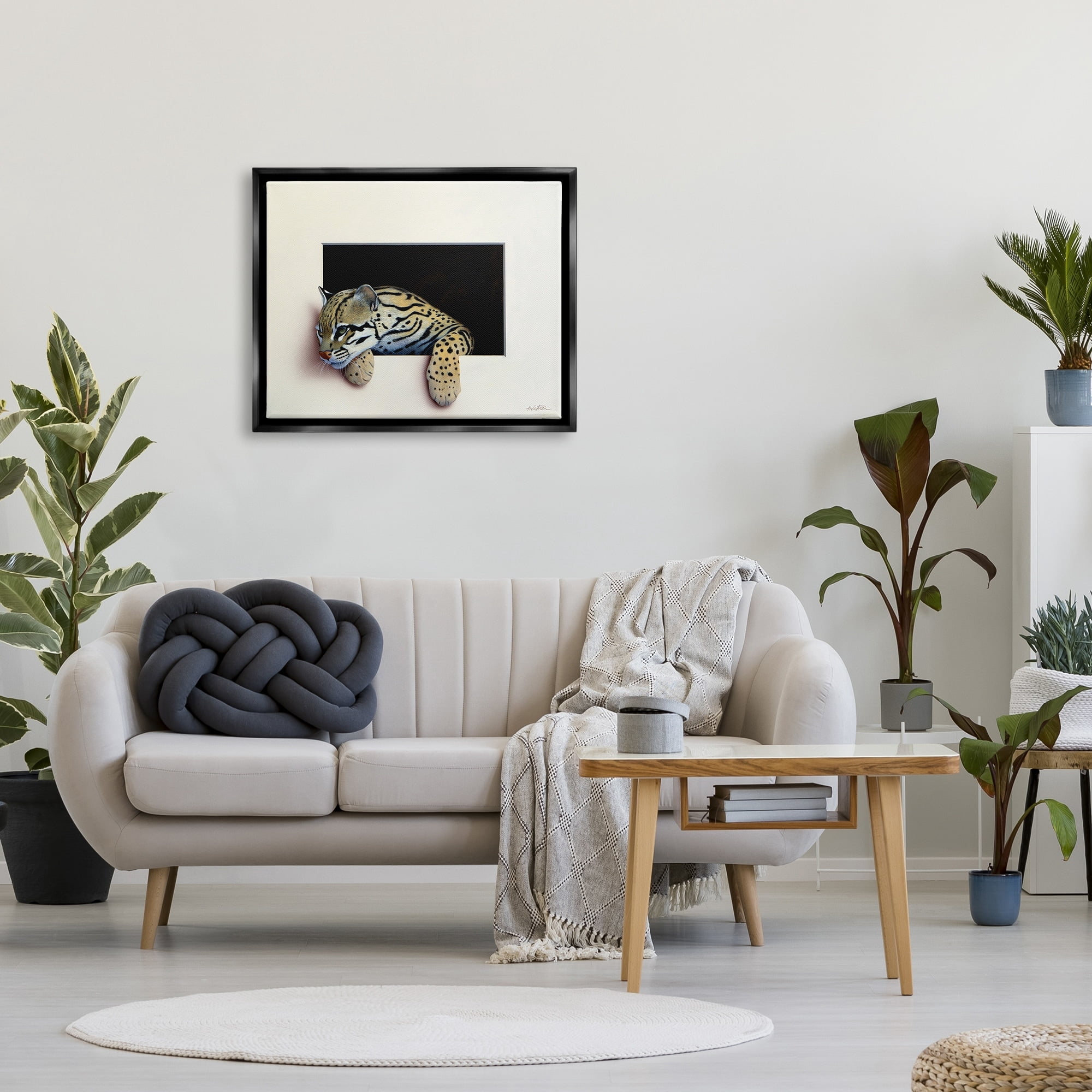 Stupell Industries Wildlife Ocelot Resting Paws Cutout Illusion Painting Jet Black Floating Framed Canvas Print Wall Art, Design by Alan Weston