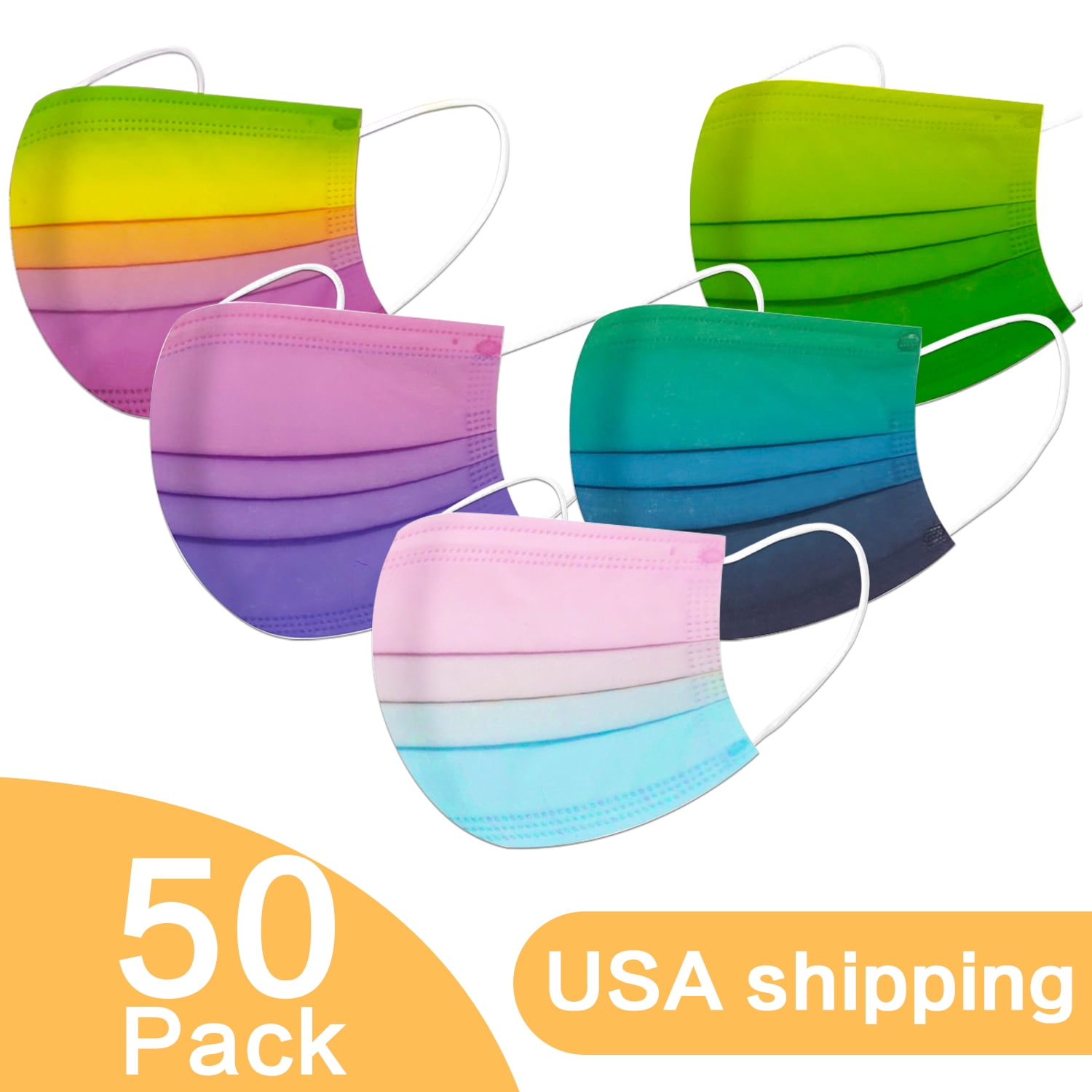 50Pcs Disposable Face Masks Adult Gradient Color, 3Ply Breathable Dust