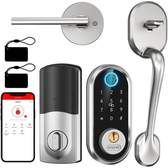 SMONET Keyless Entry Door Lock Handle Smart Front Door Lock Set Alexa Deadbolt Locks with Handle Bluetooth Electronic Digital Keypad with APP Voice Control Keyfob Auto for Home SILVER