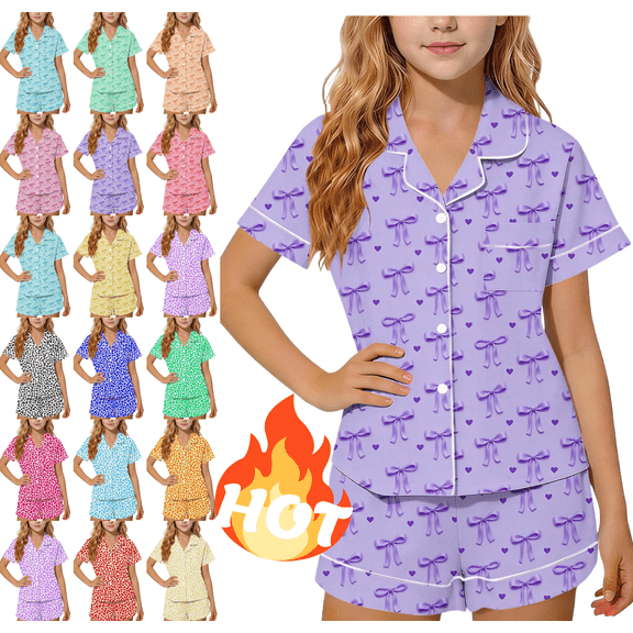 Mifsaly Girls Pajama Short Set 2 Piece Pjs Button Down Short Sleeve Tops And Shorts Cute Bows Graphic Casual Summer Satin Pjs