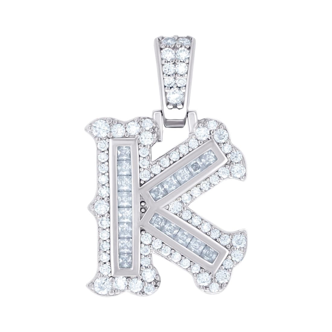 925 Sterling Silver Unisex Baguette Round Moissanite 0.64ct Letter Name Personalized Monogram Initial Alphabet K Charm P