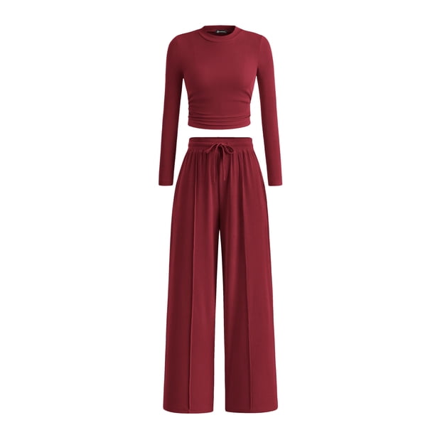 Conjunto de 2 Piezas PRETTYGARDEN Top Corto de Manga Larga y Pantalones Anchos Rojo Vino Talla S