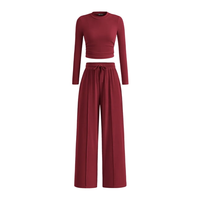 Conjunto de 2 Piezas para Mujer PRETTYGARDEN Top Corto de Manga Larga y Pantalones Anchos