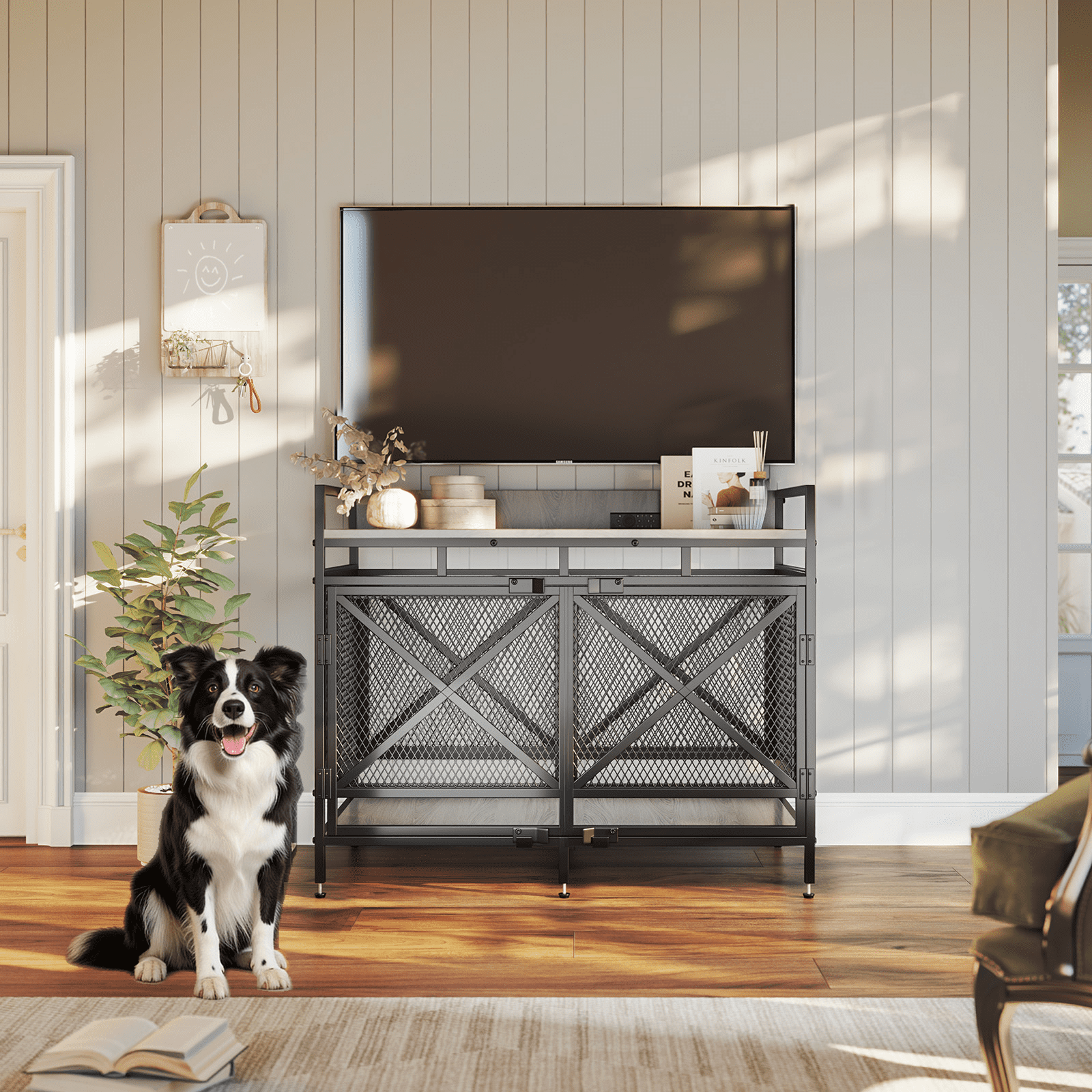 Fowroa 48" Dog Crate with Wheels Dog Crate Furniture for Large Dogs up to 90 lbs, Waterproof Top, Gray