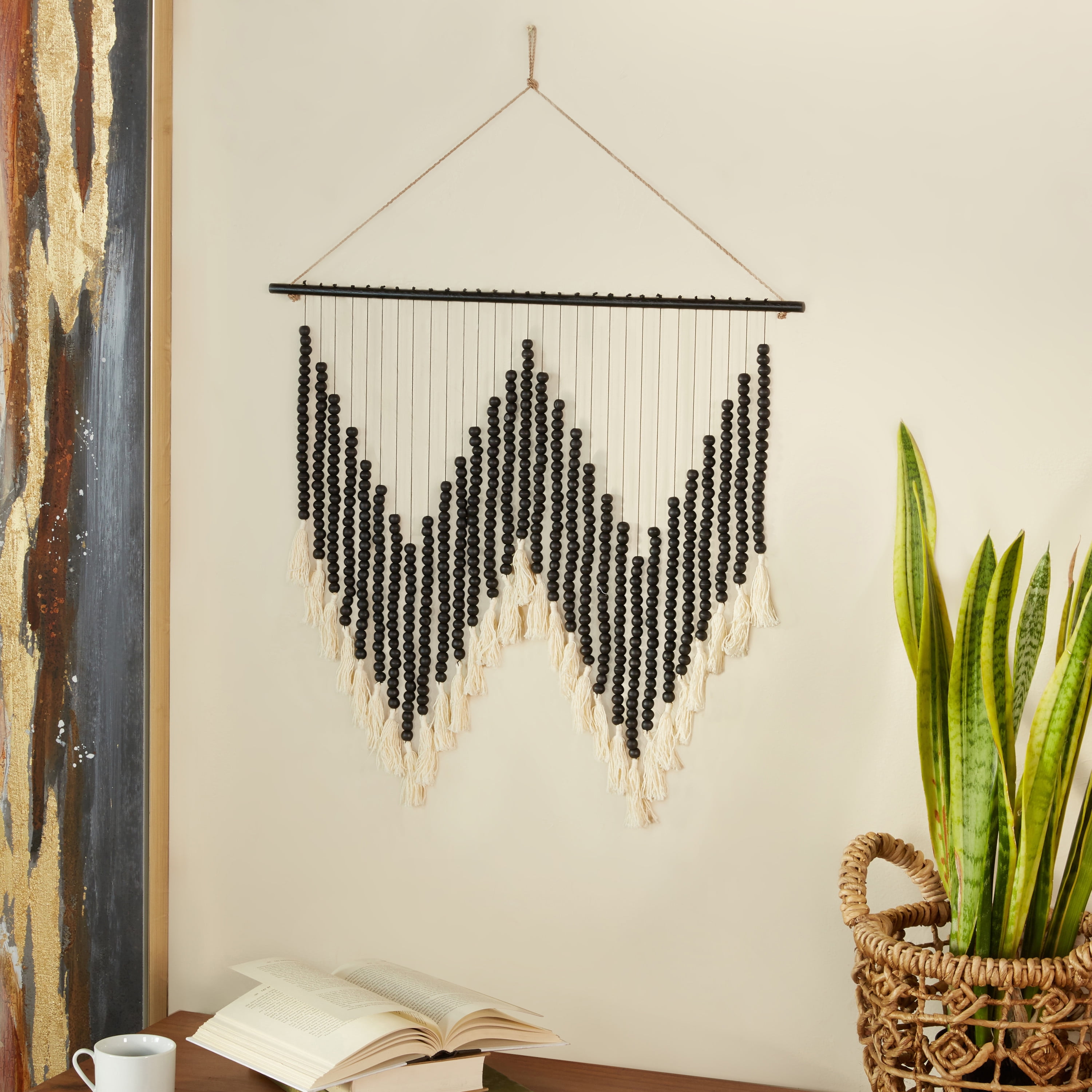 CosmoLiving by Cosmopolitan Black Wood Macrame Handmade Beaded Home Wall Decor with Fringe Tassels, 26" x 1" x 35"