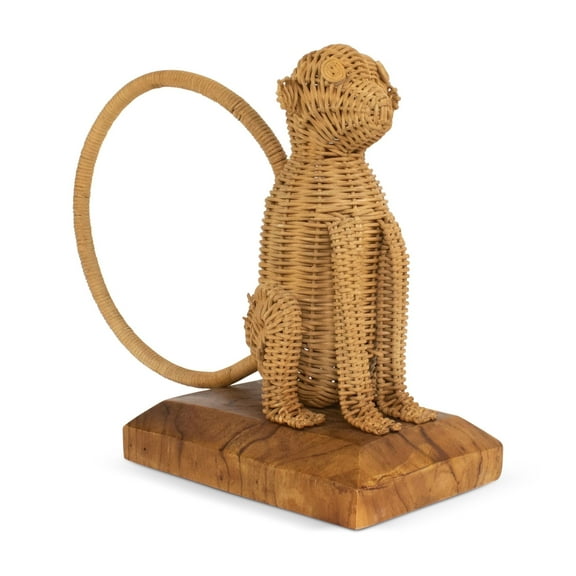 Rattan Monkey Sculpture – Hand Woven Animal Figurine on Wood Stand, Tropical Boho Decor