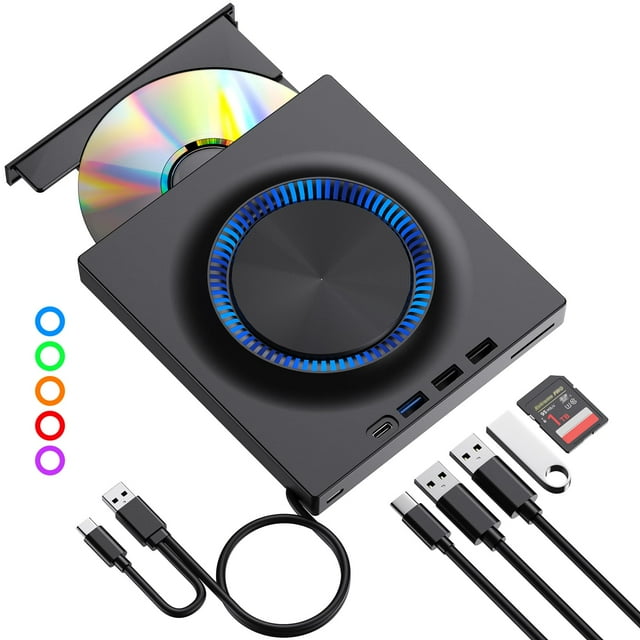 External DVD Drive, CD Drive Burner DVD Player with USB 3.0 & USB-C Hub and SD Card Reader, Portable DVD CD ROM +/-RW Disk Drive Writer