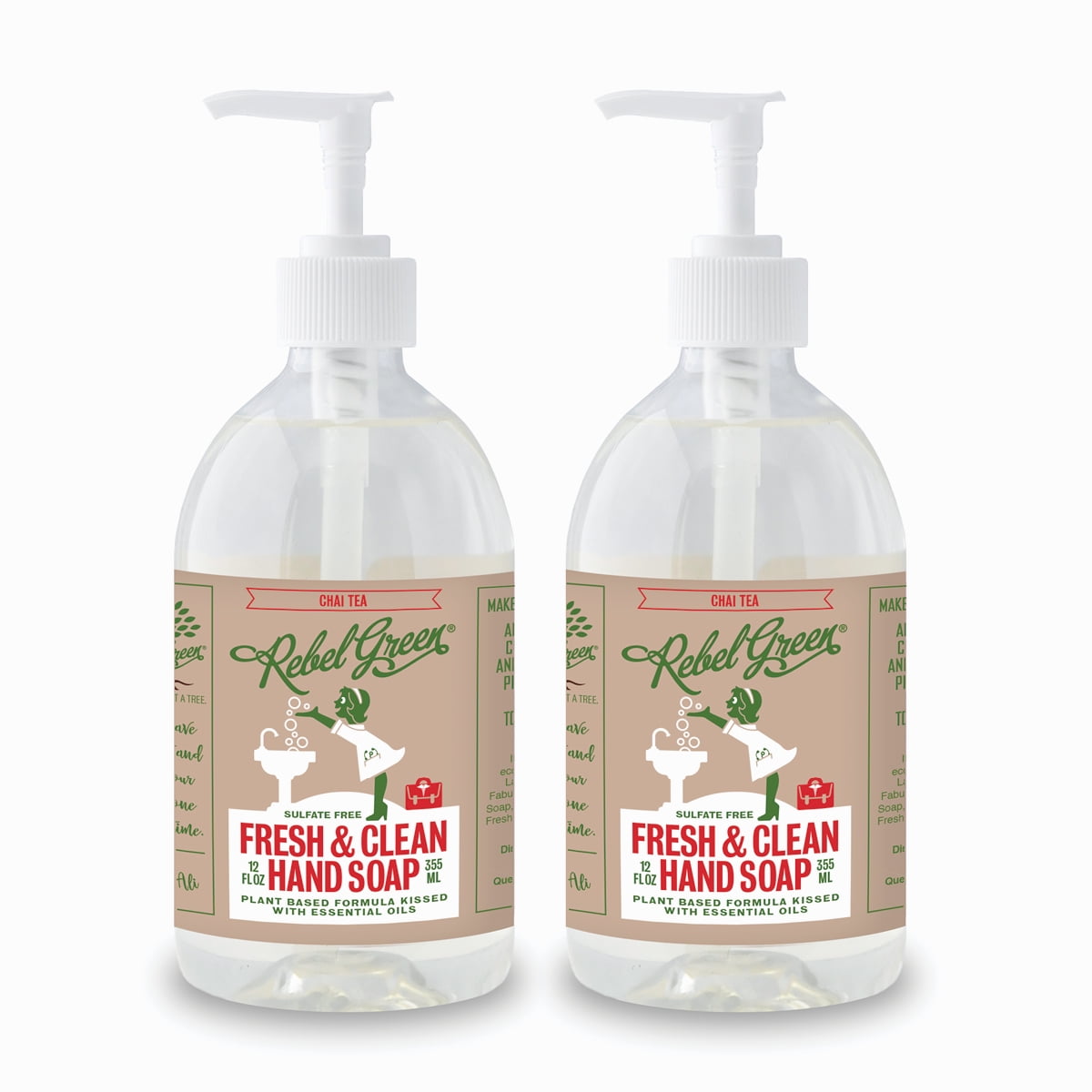 Rebel Green Fresh & Clean Hand Soap - Moisturizing Natural Bathroom & Kitchen Liquid Soap - Gentle Household Hand Wash - Chai Tea, 12 Fl Oz (Pack of 2)