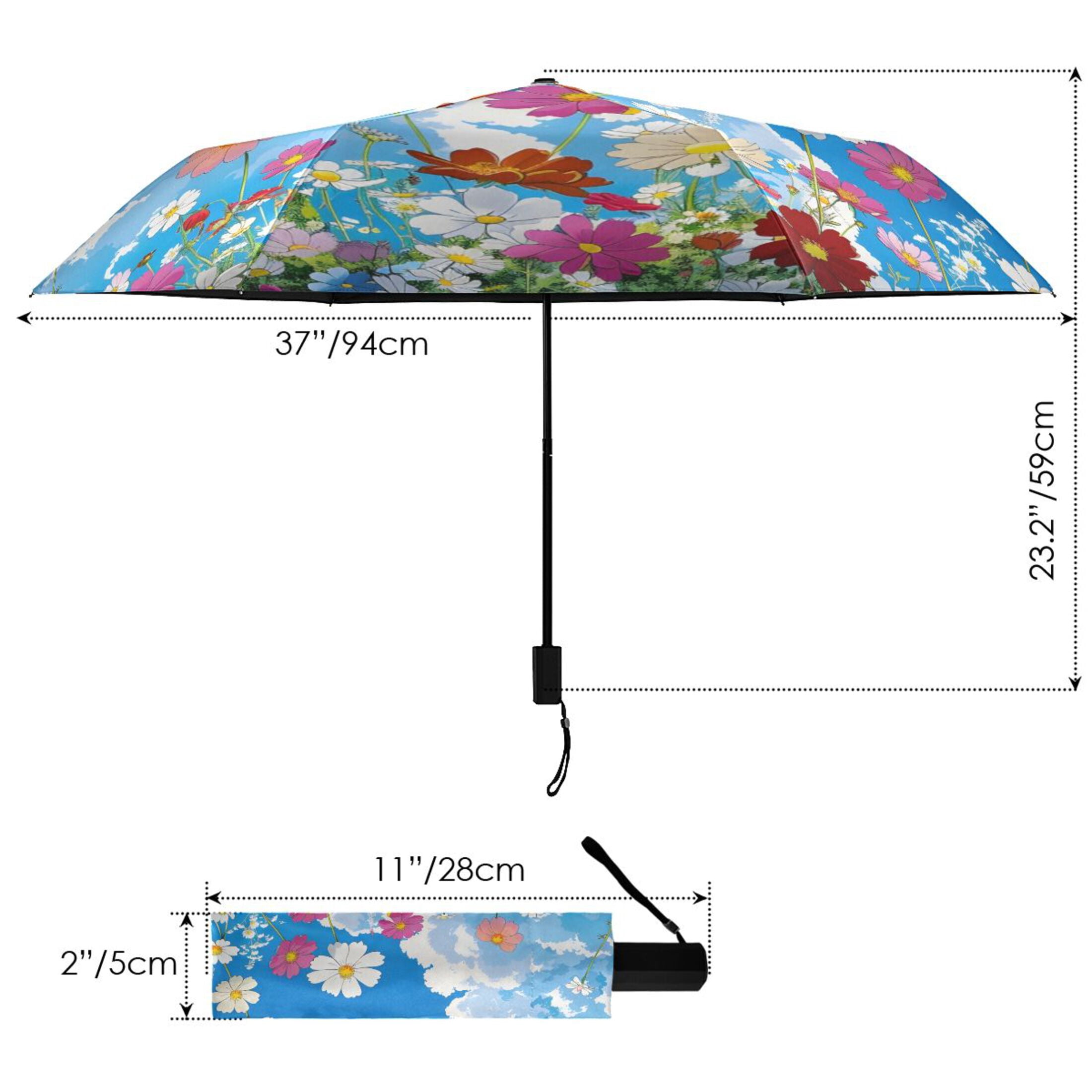 Sky Clouds Flowers All Weather Umbrella Triple Folding Parasol 6 Ribs UV Protection Portable