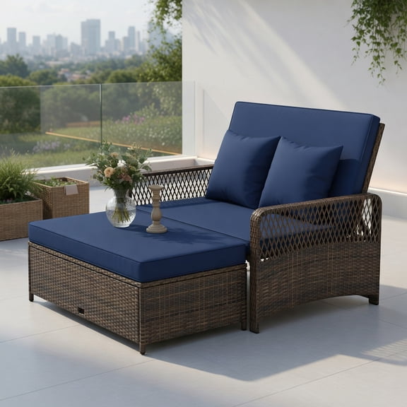 Resenkos Adjustable Wicker Patio Daybed Set with 4-Position Backrest, Navy & Beige Cushions, Heavy-Duty Metal Frame – Loveseat Ottoman for Backyard, Porch & Poolside