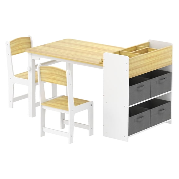Kids Desk and Chair Set with Paper Roll, Activity Table with Storage, Natural Wood, Ages 3-8