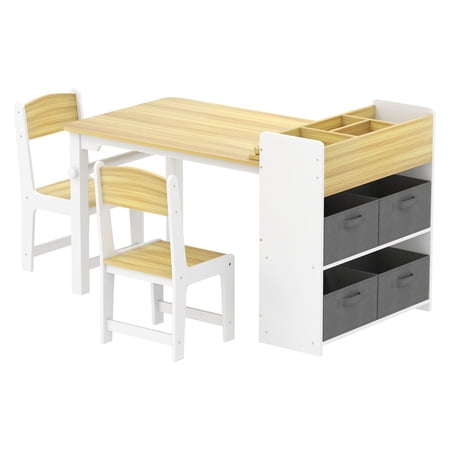 Kids Desk and Chair Set with Paper Roll Activity Table with Storage Natural Wood Ages 3-8