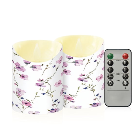 2 PCS Tilted Flameless Candles Flickering LED Lights Battery Operated Candles with Remote Timers for Holiday Decor Watercolor Small Pink Wildflowers