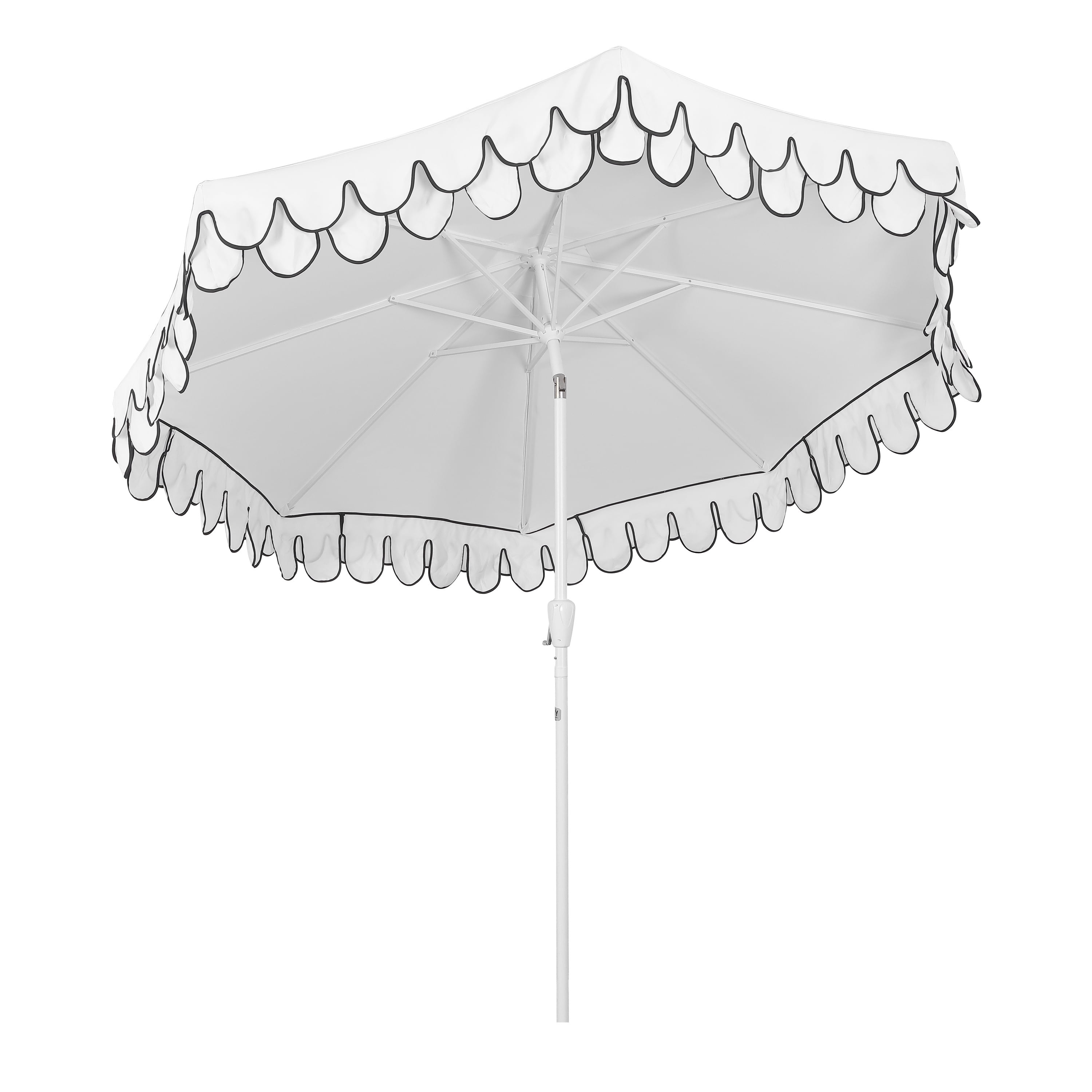JONATHAN Y Tracy 9 ft. Market Patio Umbrella, Classic Mid-Century Scalloped Fringe, with Auto-Tilt Crank, Wind Vent and UV Protection, White/Black, White Pole