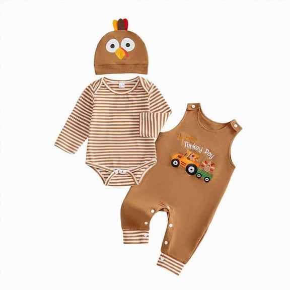 mgoYE My First Thanksgiving Baby Boy Outfit Long Sleeve Romper Turkey Overall Hat 0-3 Months