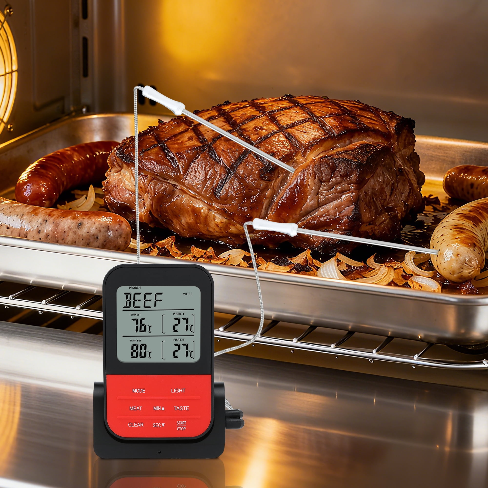 Digital Meat Thermometer with 2 Temperature Probes, Food Thermometer with Colored LCD for Kitchen Black Handle Probe