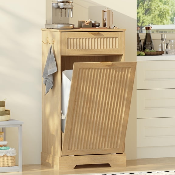 Kitchen Trash Can Cabinet, Single Hidden Tilt Out Trash Bin Storage, Wooden Fluted Garbage Sideboard Organizer, Modern Farmhouse Storage Cabinet For Dining Room Kitchen, Natural Oak