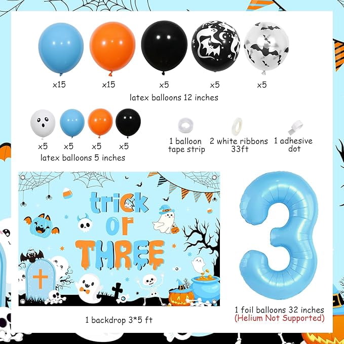 Halloween 3rd Birthday Decorations Boy - Orange Blue Halloween Balloons Garland Arch Kit with Trick or Three Backdrop, Number 5 Balloon