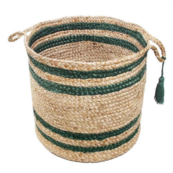LR Home Woven Round Jute 17" Storage Basket with Handles, Green Double Stripe