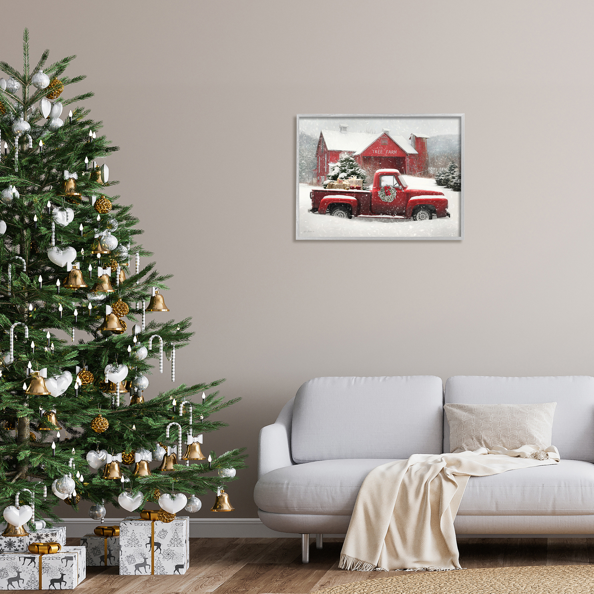 Tree Farm Red Truck Wintery Snow Flurries Transportation Painting Framed Art Print Wall Art