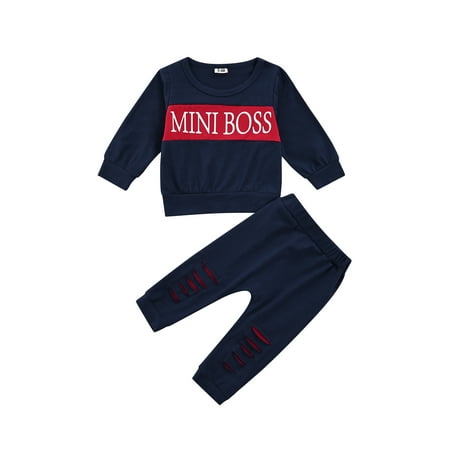 

IZhansean Newborn Baby Boys Clothes MINI BOSS Letter Printed Long Sleeve Sweatshirt + Ripped Pants Set Red 3-6 Months