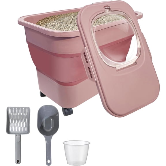 Collapsible Cat Litter Storage Container with Wheels Airtight Lid Portable Shovel BPA Free Pink