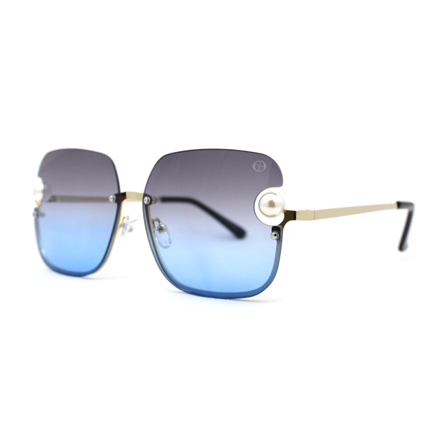Womens Rimless Pearl Trim Metal Half Rim Butterfly Designer Sunglasses Gold Blue Smoke
