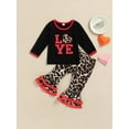thumbnail image 2 of Biekopu Toddler Girl Valentine’s Day Outfits, Long Sleeve Love Letter Print T-Shirt + Leopard Flare Pants Set, 2 of 9