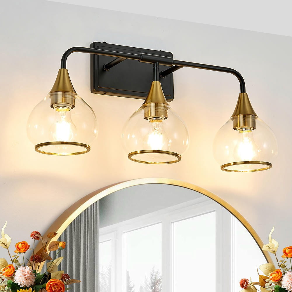 Keepoman 23" Wall Vanity Lighting Fixtures with Modern 3-Light, Clear Glass Shades and Industrial Wall Mounted Lamp for Mirror, Vanity, Living Spaces, Gold(Bulb Not Included)
