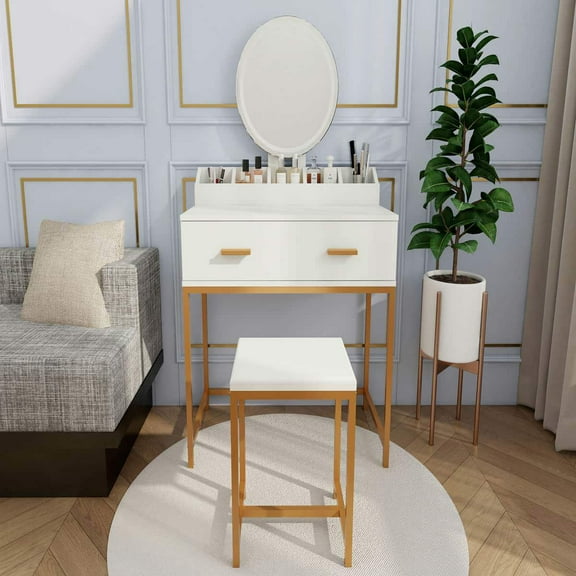 Yardi Yarda Vanity Set with Mirror and Stool, Makeup Vanity Table with Storage Drawers and Organizer, Space-Saving Vanity for Bedroom, White and Gold