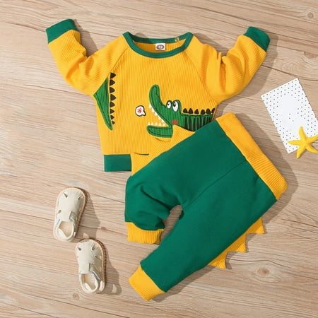 

Augper Baby Girl Clothes Long Sleeve Fall Winter Clearance Toddler Kids Boys Cotton Cartoon Dinosaur Print Autumn Solid Color Tow-piece Set Yellow