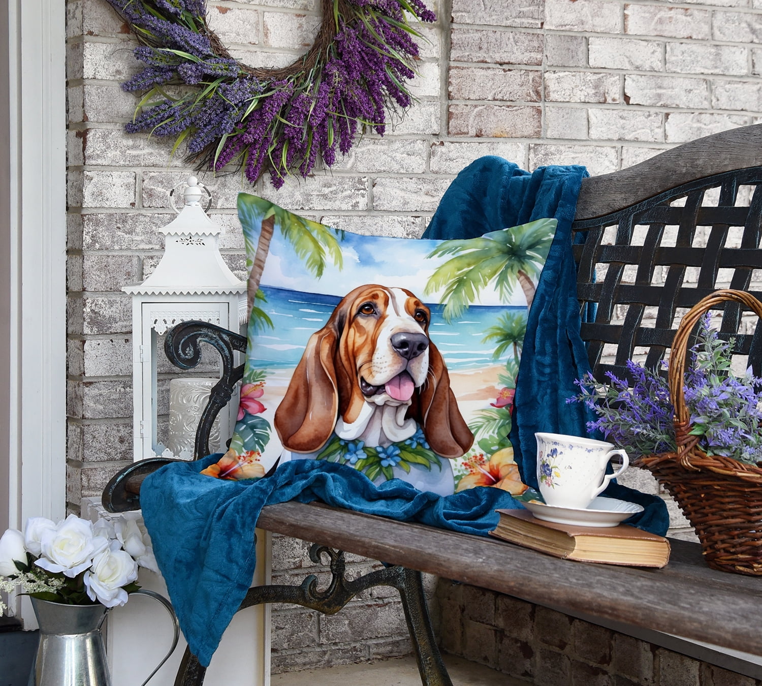 Basset Hound Luau Throw Pillow 18 in x 18 in